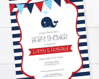 Nautical Baby Shower Invitation, Whale Baby Shower, Blue and Red Invitation, First Birthday Invitation, DIGITAL PRINTABLE FILE