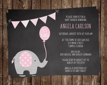 Chalkboard, Elephant, Baby Shower Invitations, Girl, Pink, Balloon, Polka Dots, Party, Sprinkle, 10 Printed Invites, FREE Shipping, CKELSPK
