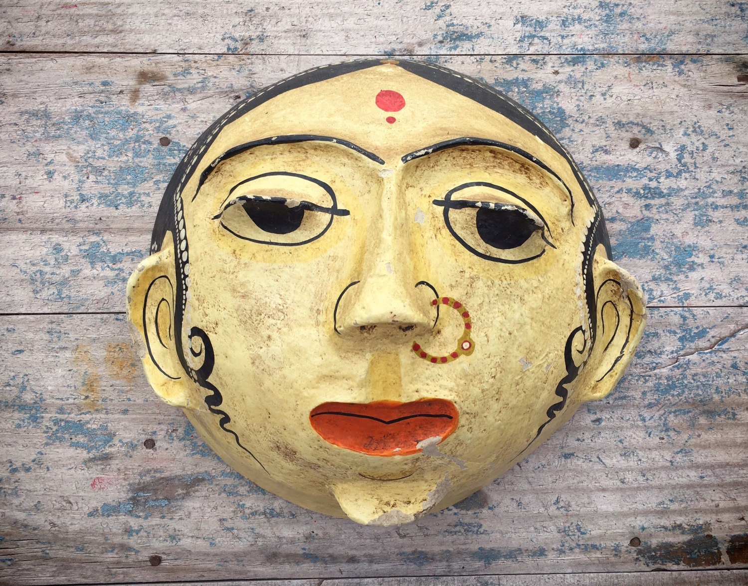 Large vintage Indian paper mache mask, handmade handpainted folk art