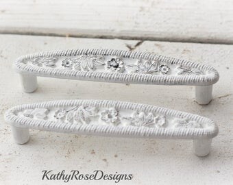 shabby chic vintage distressed brass pulls, orante, floral, 3" between screw hole.provincial white teal black seafoam green black pink