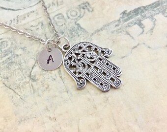Hamsa Necklace , Initial Necklace, Hand stamped Necklace, Best friend Gift, Handmade Jewelry, Friendship Necklace, Yoga Necklace