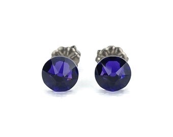 Titanium Stud Earrings Purple Velvet Swarovski Crystal on Titanium Posts for Sensitive Ears, Hypo Allergenic Titanium Jewelry
