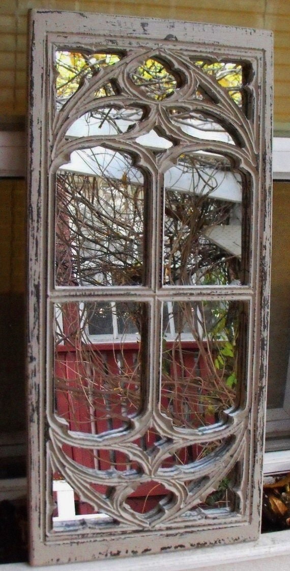 Gothic Window Frame Mirror Distressed Cream