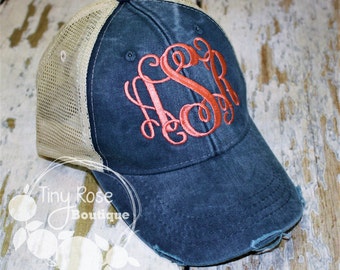 Monogrammed Trucker Hat, Distressed Navy Trucker Hat - Personalized Ball Cap, Mesh Trucker Hat