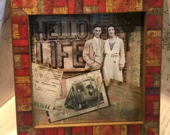 Hello Life Shadowbox Assemblage Art Mixed Media
