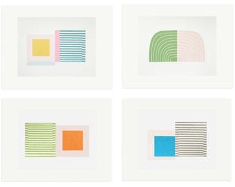 Screenprints, set of four, Mid Century Modern inspired by Emma Lawrenson. Minimalist, handmade colourful prints