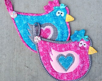chicken, hen, rooster, bird, pot holder, hot pad, kitchen, cooking, pink, blue, gray