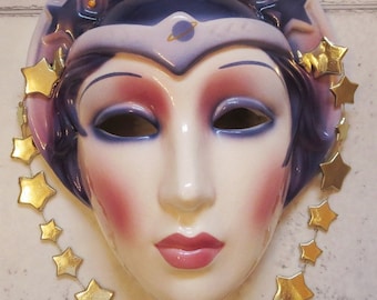Clay Art Ceramic Face Wall Mask, Art Deco Face, Wall Hanging, Celestial