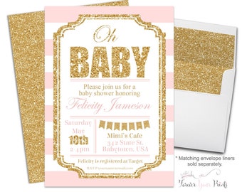 PINK & GOLD Baby Shower Invitation - Girls Baby Shower Invite - Glitter Baby Shower - Printable Baby Shower - Striped Baby Shower - Oh Baby