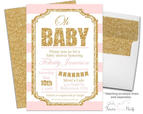 PINK & GOLD Baby Shower Invitation - Girls Baby Shower Invite - Glitter Baby Shower - Printable Baby Shower - Striped Baby Shower - Oh Baby Il_570xn