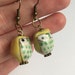 Apple Green Porcelain Owl Antique Brass Earrings