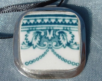 Broken China Pendant ~ Carr China Esquire Pattern ~ Teal on White