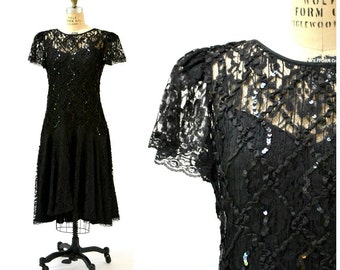Vintage Black Dress Lace and Sequin Dress Size Large XL// 80s Prom Dress Dress Size Large XL Black Lace Party Dress