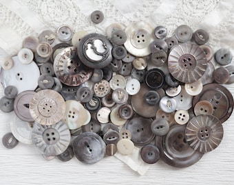Shabby Vintage Shell Buttons and Carved Fancies, Weathered Smoky Mother of Pearl - Lot of 100