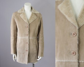 90s Vintage Tan Suede Faux Shearling Coat. Winter Jacket (M)