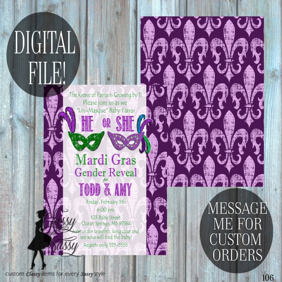 Mardi Gras Gender Reveal Invitation, Mardi Gras Invitation, Mardi Gras Baby Reveal 106