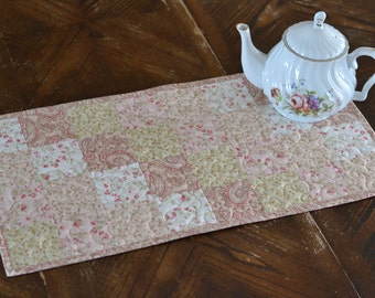 Floral Quilted Table Runner, Cottage Chic Decor, Pink Green Kitchen, Cotton dresser scarf