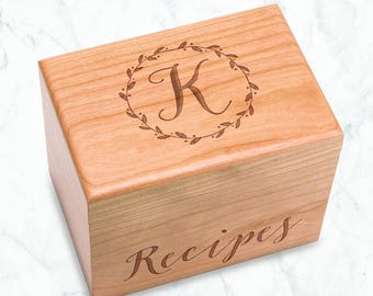 Wreath Recipe Box Engraved Initial, Made in USA Cherry Recipe Box, Wreath Monogrammed Box, Floral Circle Monogram, kitchen bridal shower