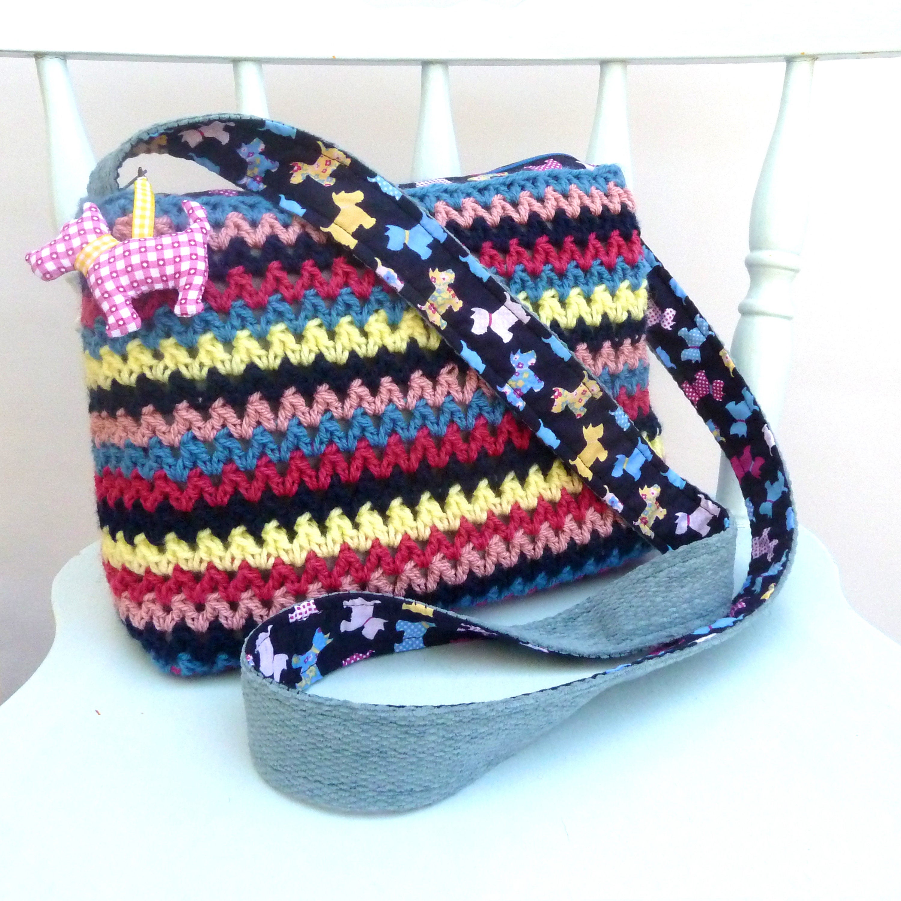 Dog lover striped crochet shoulder bag crossbody bag zipped