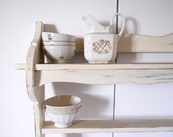 French wall shelf and plate rack oak shabby chic primative white ivory french farmhouse