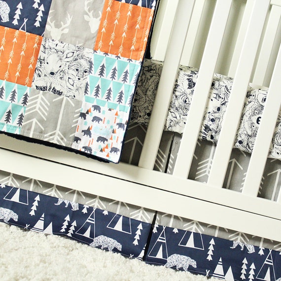 Bear Nursery Crib Bedding Orange Mint Navy Blue Gray Baby