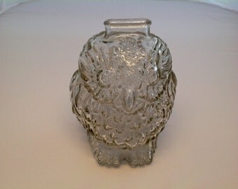 Wise Old Owl Clear Glass Bank, Clear Glass Owl Bank, Vintage Owl Decor