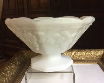 Vintage Milk Glass Paneled Grape 8 Sided Pedestal Bowl by Anchor Hocking