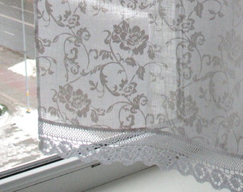 Vintage Lace Curtains Cafe Curtains Washed Linen White Kitchen Curtains Lace Panels Curtains White Curtains Bathroom Curtains Panels Flowers