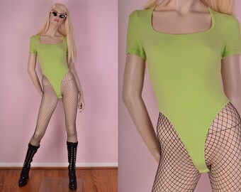 90s Green High Cut Bodysuit/ Medium/ 1990s/ Summer/ Festival/ Onesie/ Leotard