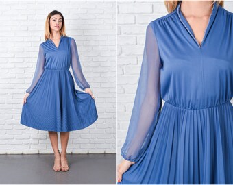 Blue Accordion Pleated Dress Vintage 70s Sheer Sleeve Crochet lace S M 8435 blue dress vintage dress sheer dress crochet dress lace dress