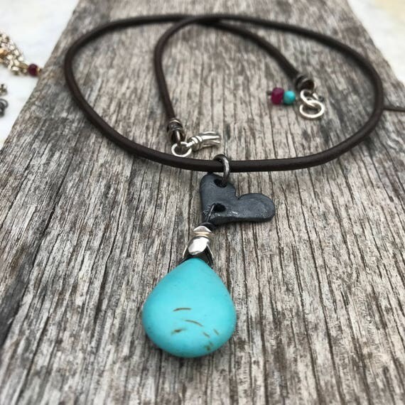 Raw Silver Oxidized Heart Pendant Necklace - Urban - Leather - Turquoise Magnasite - Rustic Sundance Style Jewelry