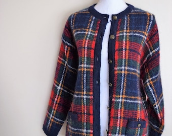 salvation armani vintage mohair sweater - vintage wool sweater - red and blue plaid sweater - button up plaid sweater - Womens vntg size L