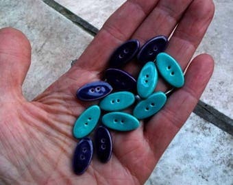 Dark purple and light blue oval glazed ceramic buttons - 6 little buttons - o.8 x 0.4 inch