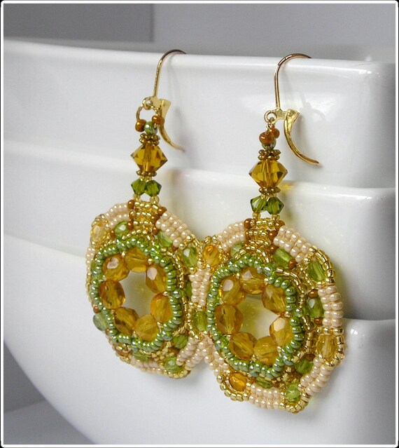 Beaded Hoop Earrings Green Cream & Gold Seed Bead Jewelry.