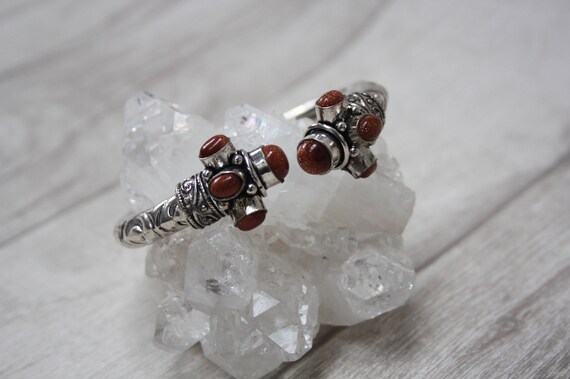 VINTAGE SANDSTONE CUFF -Silver Bracelet- Healing Crystal Jewellery- Statement bracelet- Boho- Antique- Costume Jewelry- Bangle- Arm Cuff