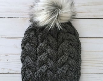 Knit Hat, Knit Beanie, Pom Pom Hat, Faux Fur Pom Pom, Women's Beanie, Womens Hat, Women's Knit Hat, Winter Hat, Accessories, Knit Winter Hat