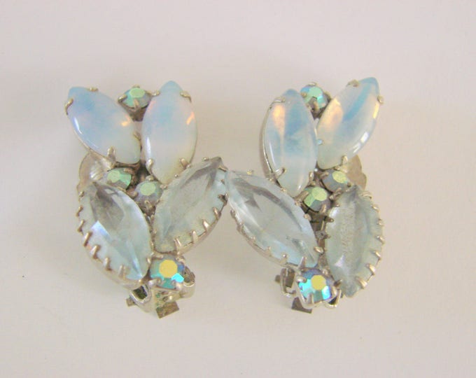 1960s Blue Marquise Faux Opal Aurora Borealis Rhinestone Clip Earrings Mid Century Jewelry Jewellery