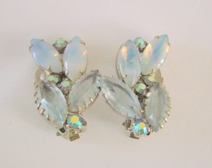 1960s Blue Marquise Faux Opal Aurora Borealis Rhinestone Clip Earrings Mid Century Jewelry Jewellery