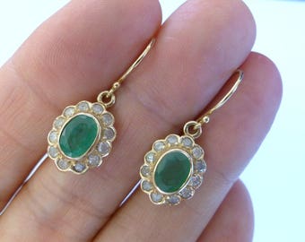 Vintage Emerald Earrings, Solid Gold 9ct 9k Antique Diamond Earrings, French Drop Wire, Womens Victorian Earrings, Custom E10