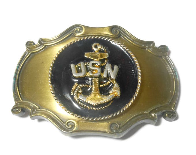 USN belt buckle, brass western belt buckle, United State Navy, signed Raintree 1978, black enamel inset