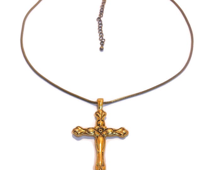 FREE SHIPPING Gold plated cross pendant, detailed antiqued floral cross with gold plated snake chain, large bail, unisex men's woman's