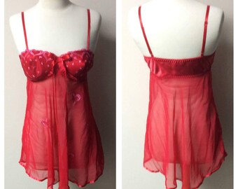 Vintage Lingerie, 1980's Vintage Red Nightie with Lace, Red Lace Nightgown, Inner Most Brand, Nightie Ladies Size Small #038