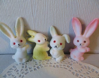 Set of 4 flocked bunnies small, 2-1/2" - 3," vintage style easter decoration/ornaments,pastels,pink,blue +
