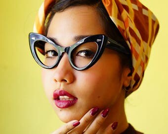 Vintage Style Extreme Cat Eye Frames Thick Temples Very large by Lemon Eyeglass Co. Handmade 1960's style 46-22 Oversize Ebony