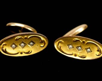 Antique Victorian Gold Gilt and Seed Pearl Cufflinks Repousse SIGNED