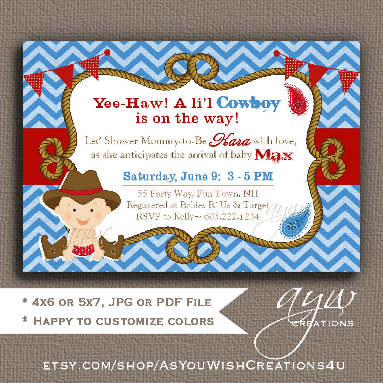 Cowboy Baby Shower Invitation Boy Invitation Cowboy Shower