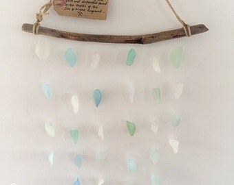 Driftwood Sea Glass Mobile Wind Chime Blues and Clear Beach Inspired Home Decor Wall Hanging Shabby Chic Natural Nautical Sun Catcher