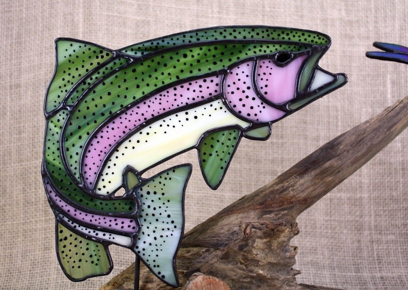 Rainbow Trout Stained Glass with Dragonfly on Wood by BerlinGlass