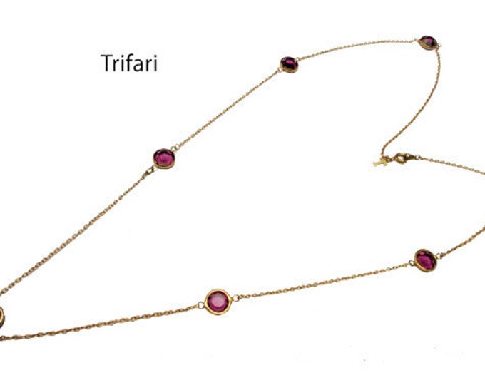 Purple Crystal Bezel necklace - Signed Trifari - Gold chain necklace with open back Glass stones