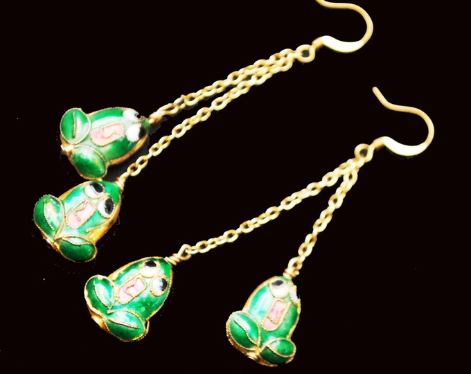 Dangle Frog Earrings - Enamel cloisonne - green gold pink white - drop pierced earring